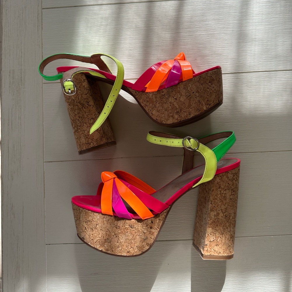 JEFFREY CAMPBELL COLORFUL NEON LEATHER PLATFORM SANDALS